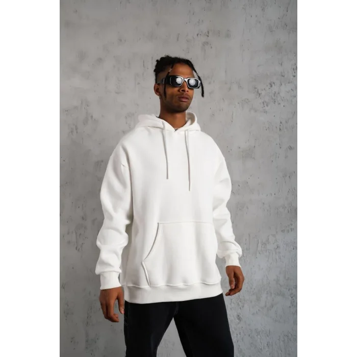 Erkek 3 İplik Pamuklu Kapüşonlu Kanguru Cepli Sweatshirt Hoodie - Beyaz