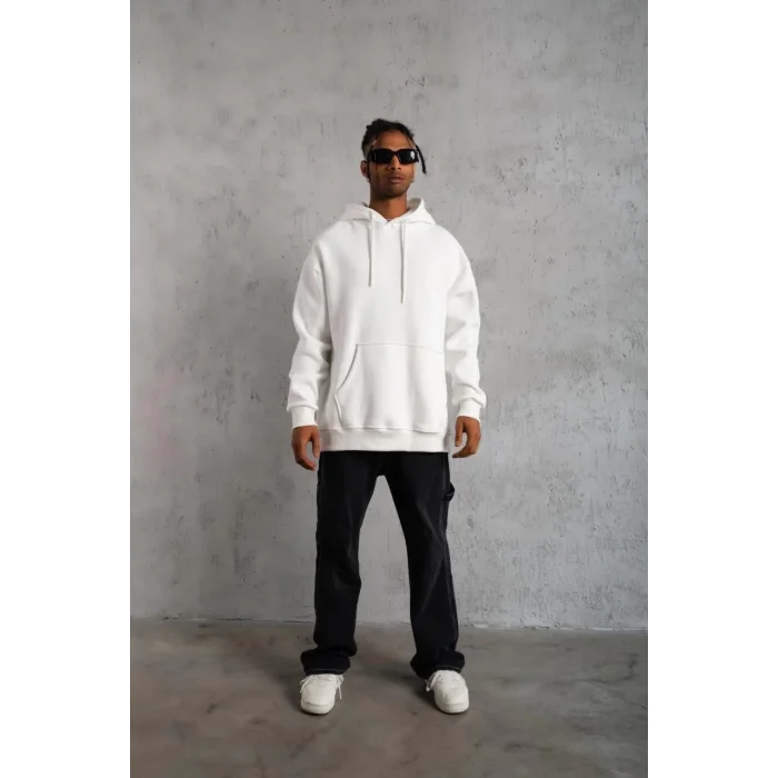 Erkek 3 İplik Pamuklu Kapüşonlu Kanguru Cepli Sweatshirt Hoodie - Beyaz