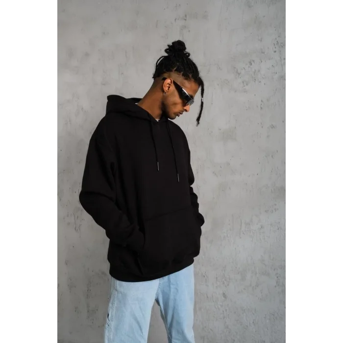 Erkek 3 İplik Pamuklu Kapüşonlu Kanguru Cepli Sweatshirt Hoodie -  Siyah