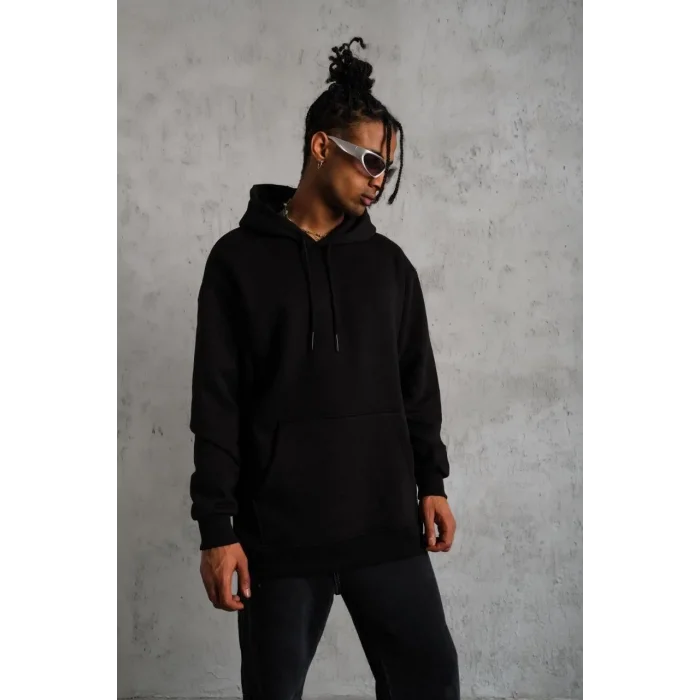 Erkek 3 İplik Pamuklu Kapüşonlu Kanguru Cepli Sweatshirt Hoodie -  Siyah