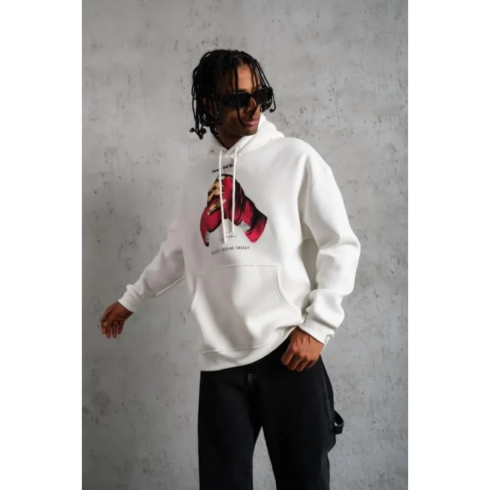 Erkek Kapüşonlu Cepli Boks Eldiven Baskılı 3 İplik Sweatshirt Hoodie - Beyaz