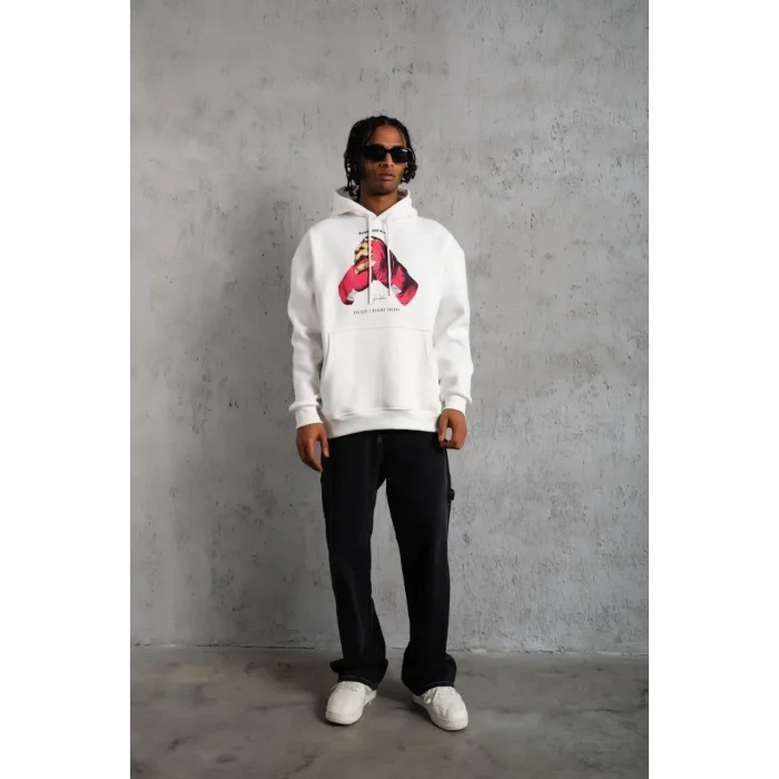 Erkek Kapüşonlu Cepli Boks Eldiven Baskılı 3 İplik Sweatshirt Hoodie - Beyaz