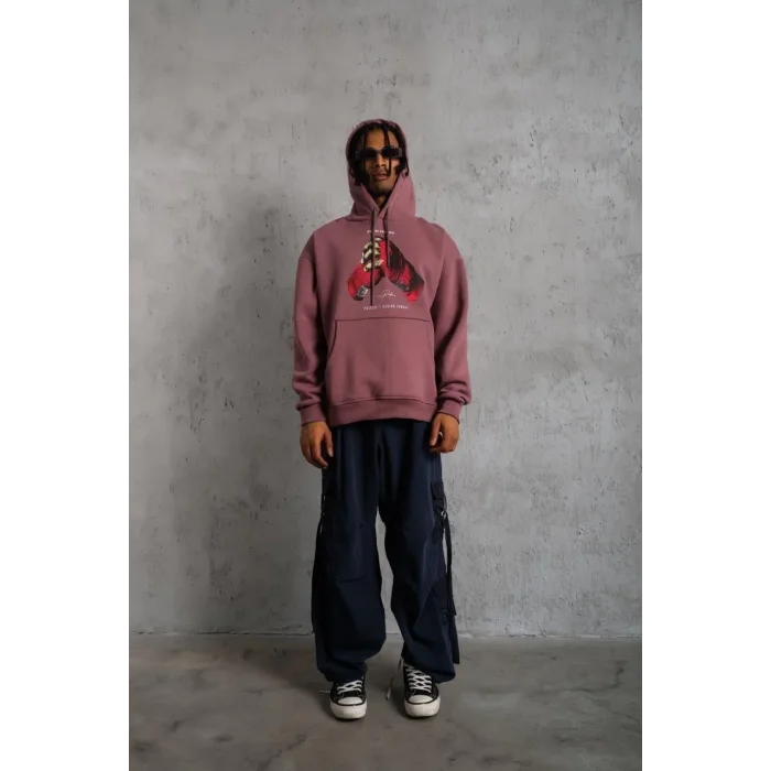 Erkek Kapüşonlu Cepli Box Eldiven Baskılı 3 İplik Sweatshirt Hoodie - Gül Kurusu