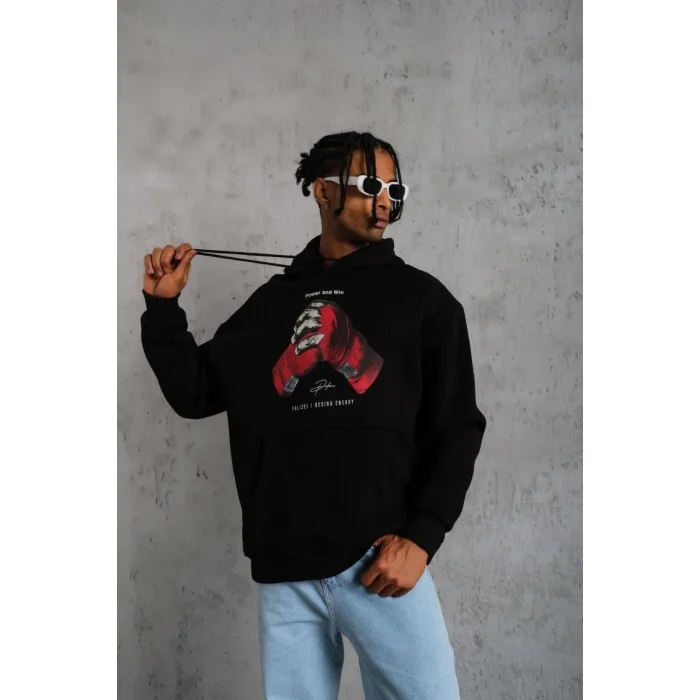 Erkek Kapüşonlu Cepli Box Eldiven Baskılı 3 İplik Sweatshirt Hoodie - Siyah