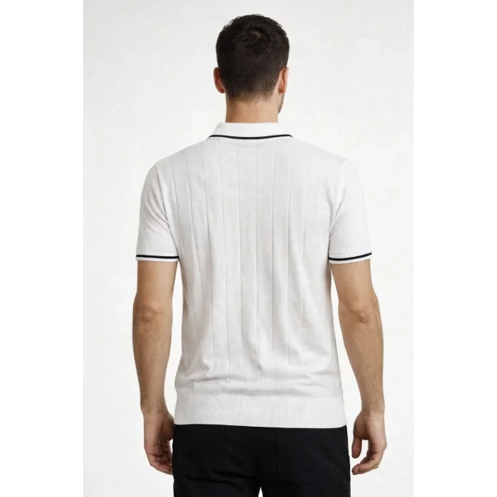 Erkek Yazlık Dokuma Triko Tişört Fermuarlı Polo Yaka Kısa Kol T-Shirt - Beyaz