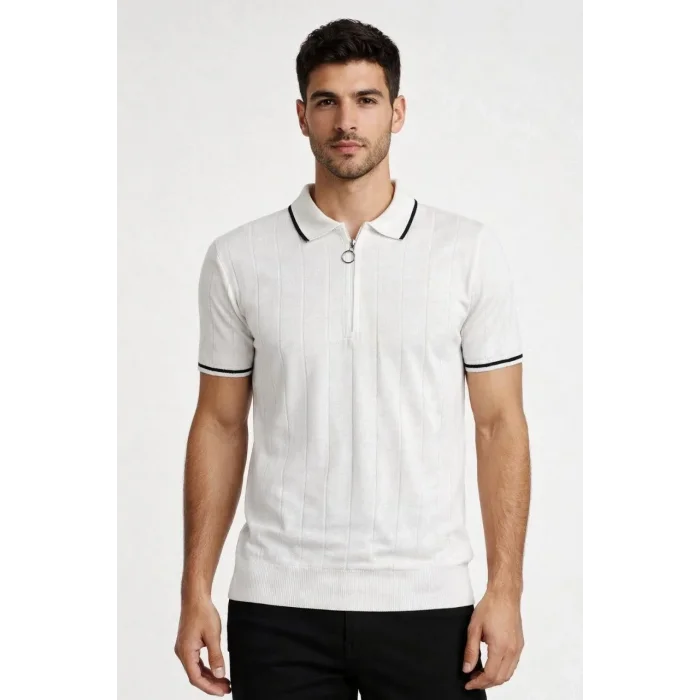 Erkek Yazlık Dokuma Triko Tişört Fermuarlı Polo Yaka Kısa Kol T-Shirt - Beyaz