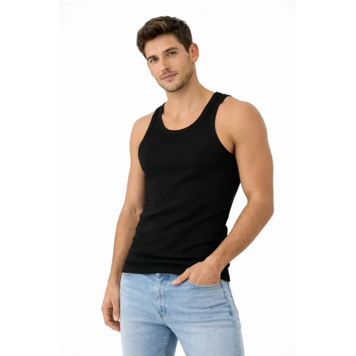 Erkek Fitilli Likralı Kaşkorse Atlet Vücuda Oturan Basic Şıklık - Siyah