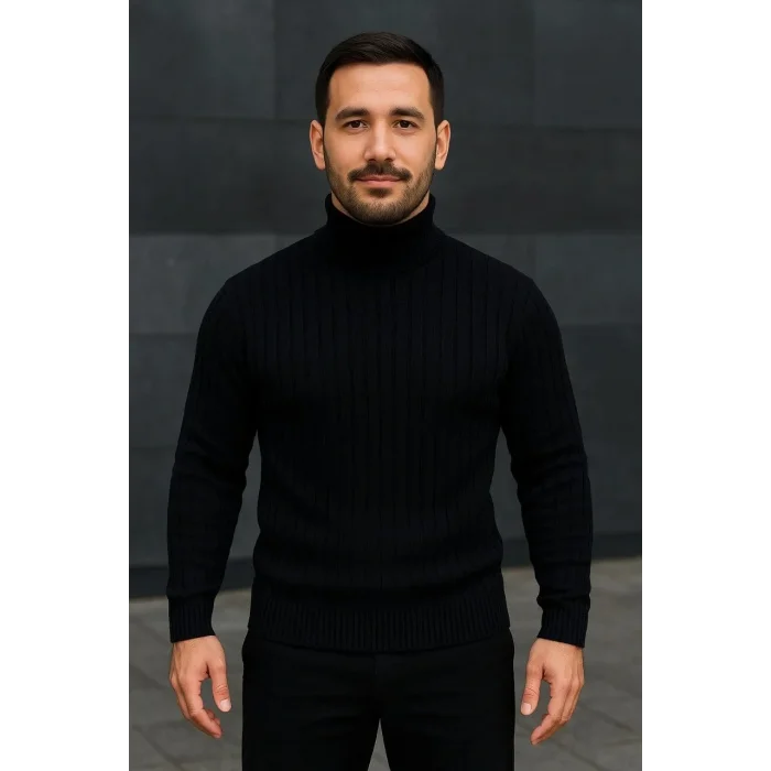 Erkek Fitilli Kazak Tam Boğazlı Balıkçı Yaka Triko 2li Set Bej-Siyah
