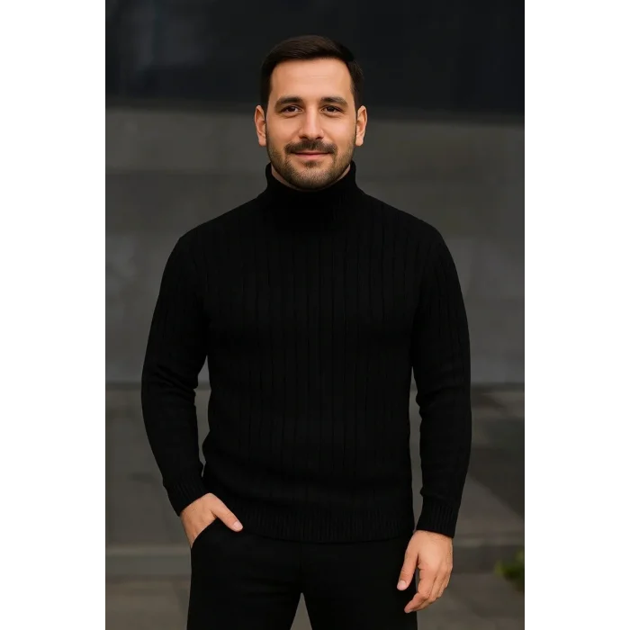 Erkek Fitilli Kazak Tam Boğazlı Balıkçı Yaka Triko 2li Set Bej-Siyah
