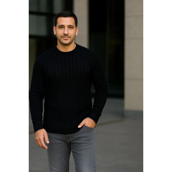 Erkek Fitilli Triko Kazak 2’li Set Siyah Beyaz Kalın Dokuma Pamuklu Regular Fit Bisiklet