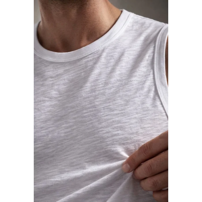 Erkek Flamlı Kumaş Sıfır Kolsuz Atlet Basic Spor Üst, Günlük ve Fitness Kullanımına Uygun - Beyaz
