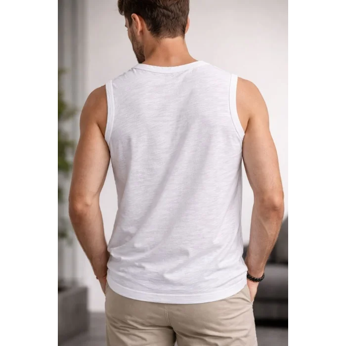 Erkek Flamlı Kumaş Sıfır Kolsuz Atlet Basic Spor Üst, Günlük ve Fitness Kullanımına Uygun - Beyaz