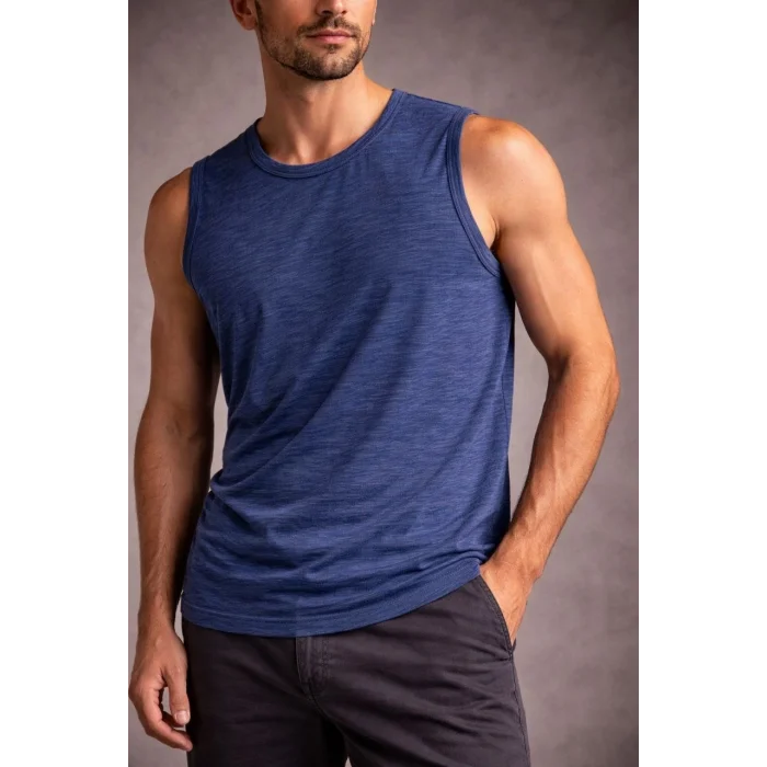 Erkek Flamlı Kumaş Sıfır Kolsuz Atlet Basic Spor Üst, Günlük ve Fitness Kullanımına Uygun - İndigo