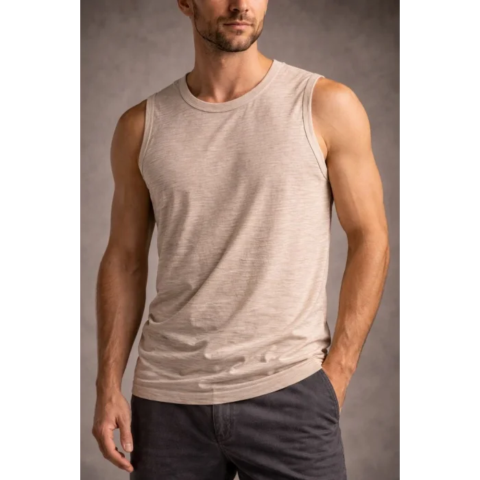 Erkek Flamlı Kumaş Sıfır Kolsuz Atlet Basic Spor Üst, Günlük ve Fitness Kullanımına Uygun - Taş