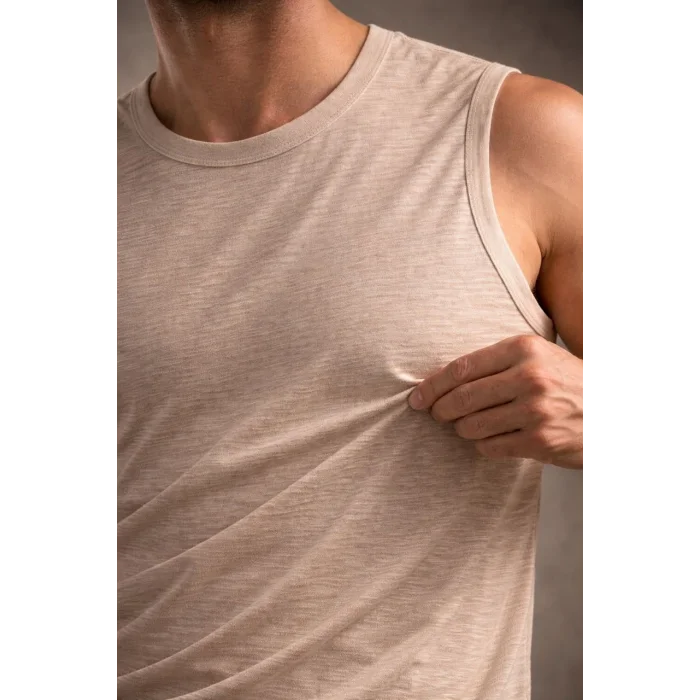 Erkek Flamlı Kumaş Sıfır Kolsuz Atlet Basic Spor Üst, Günlük ve Fitness Kullanımına Uygun - Taş