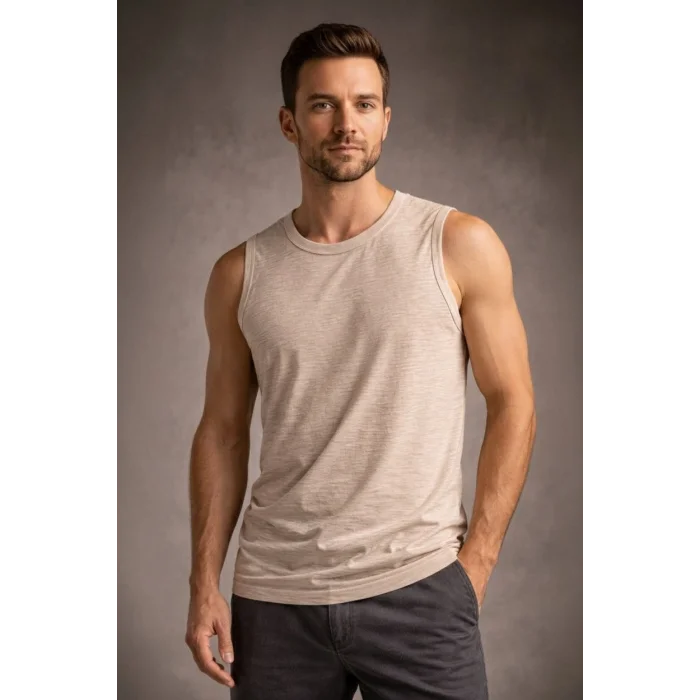 Erkek Flamlı Kumaş Sıfır Kolsuz Atlet Basic Spor Üst, Günlük ve Fitness Kullanımına Uygun - Taş