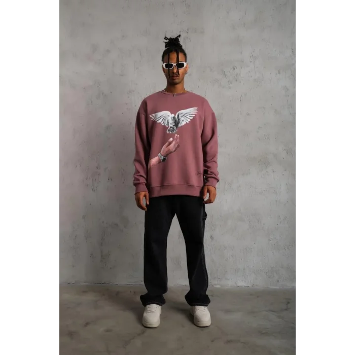 Erkek Güvercin Baskılı Bisiklet Yaka Sweatshirt 3 iplik pamuklu - Gül Kurusu
