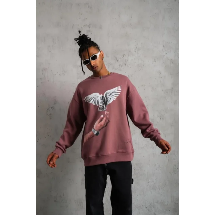 Erkek Güvercin Baskılı Bisiklet Yaka Sweatshirt 3 iplik pamuklu - Gül Kurusu