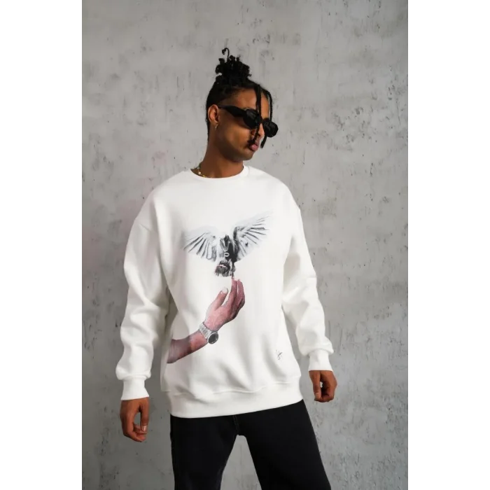Erkek Güvercin Baskılı 3 iplik pamuklu Bisiklet Yaka Sweatshirt - Beyaz