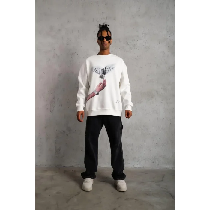 Erkek Güvercin Baskılı 3 iplik pamuklu Bisiklet Yaka Sweatshirt - Beyaz