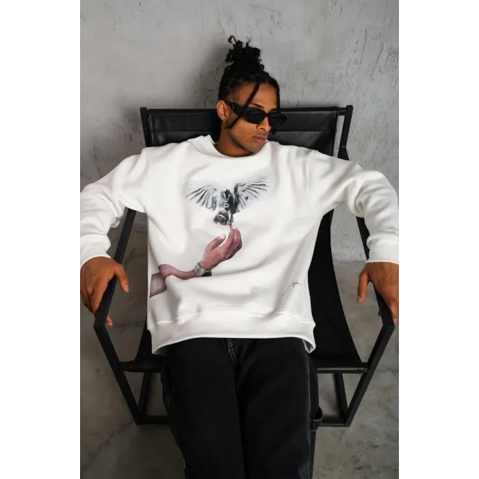 Erkek Güvercin Baskılı 3 iplik pamuklu Bisiklet Yaka Sweatshirt - Beyaz