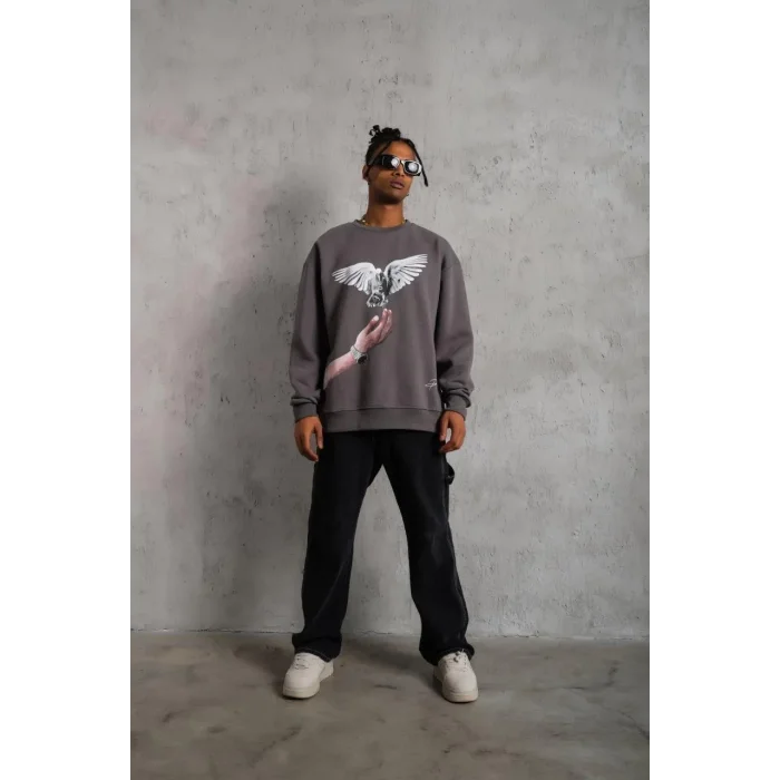 Erkek Güvercin Baskılı 3 iplik pamuklu Bisiklet Yaka Sweatshirt - Gri