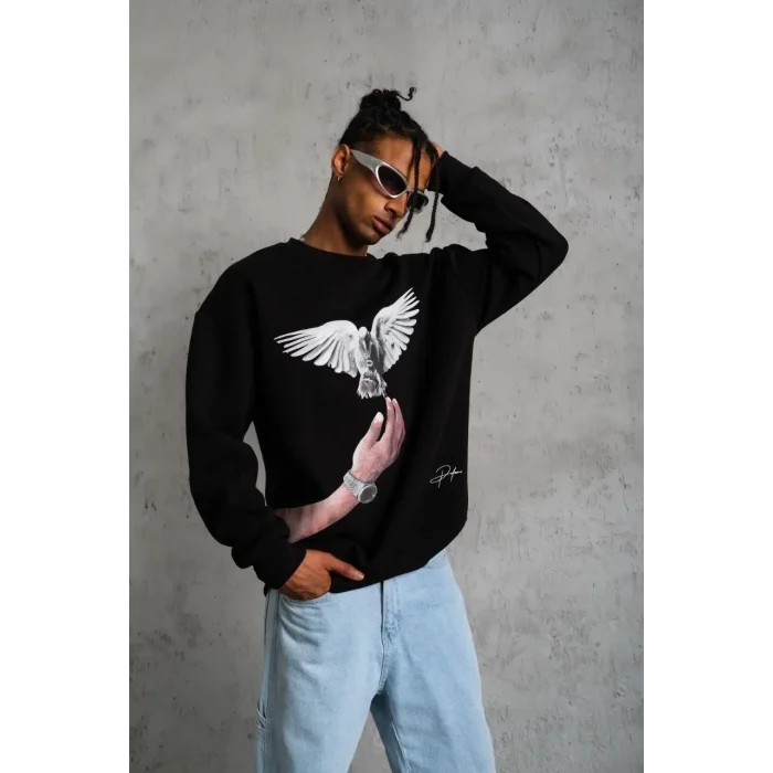 Erkek Güvercin Baskılı 3 iplik Bisiklet Yaka ipamuklu Sweatshirt - Siyah