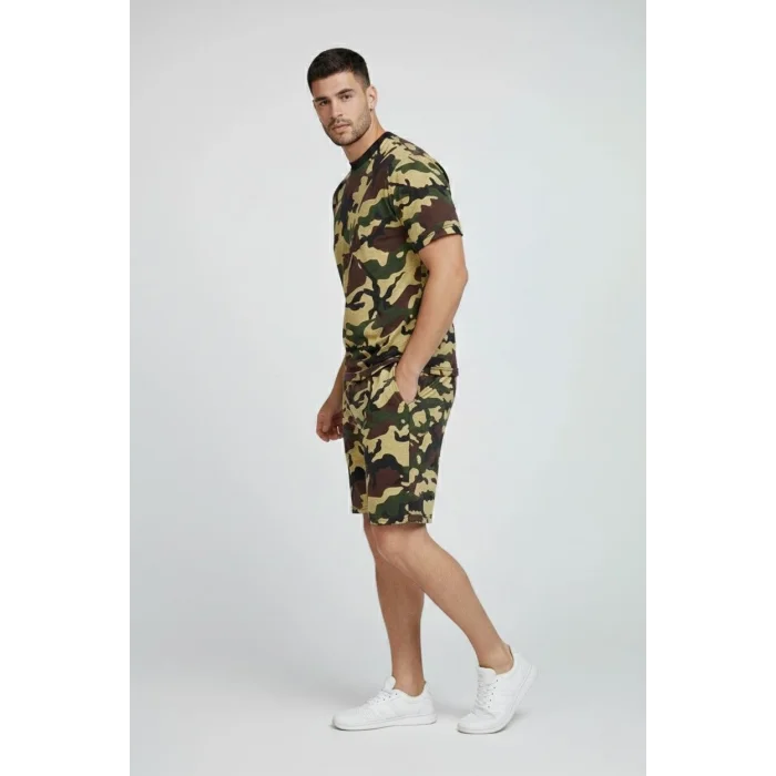 Erkek Kamuflaj Desenli Tişört Şort Takım – Regular Fit Günlük Spor 2’li Yazlık Kombin - Kamuflaj