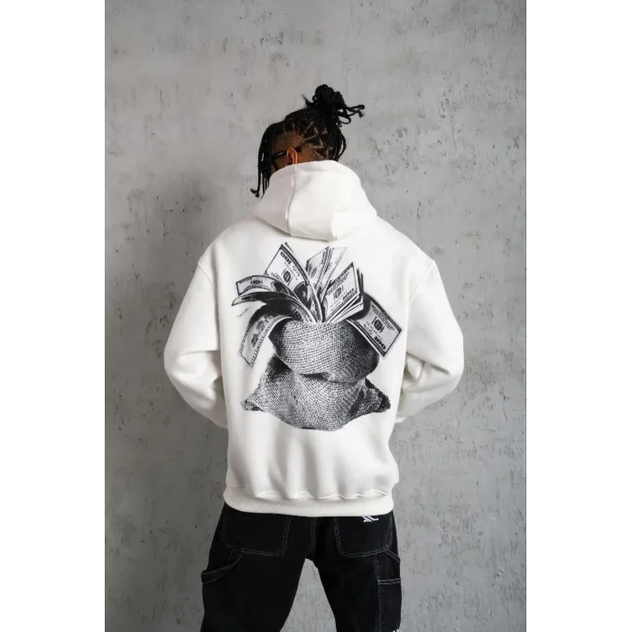 Erkek 3 İplik Pamuklu Kapüşonlu Baskılı Cepli Oversize Sweatshirt Hoodie - Beyaz