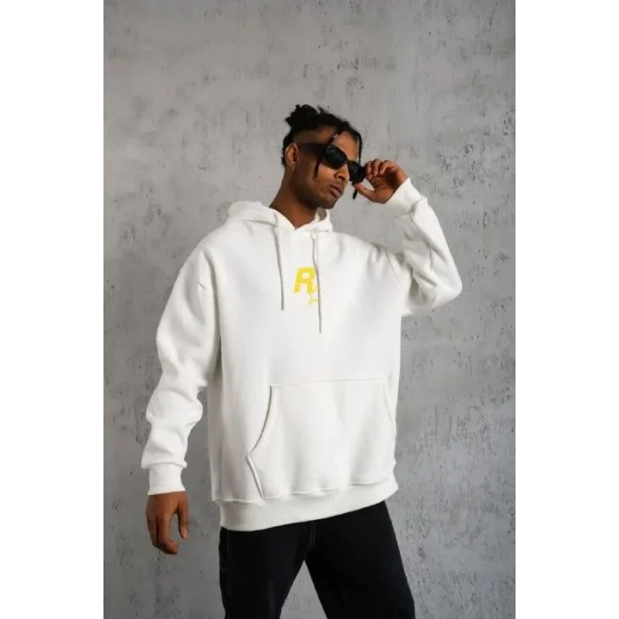 Erkek 3 İplik Pamuklu Kapüşonlu Baskılı Cepli Oversize Sweatshirt Hoodie - Beyaz