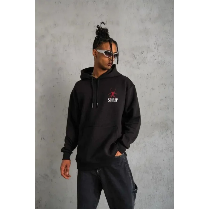 Erkek 3 İplik Pamuklu Kapüşonlu Baskılı Cepli Oversize Sweatshirt Hoodie - Siyah