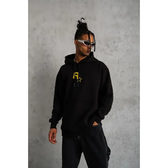 Erkek 3 İplik Pamuklu Kapüşonlu Baskılı Cepli Oversize Sweatshirt Hoodie - Siyah