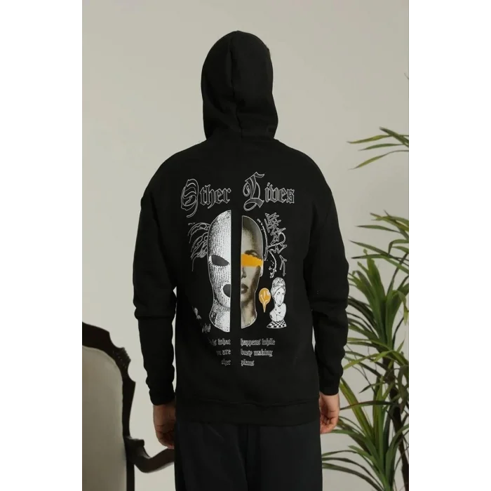 Erkek Kapüşonlu Kanguru Cepli Sweatshirt 3 İplik Pamuklu Baskılı Hoodie - Siyah