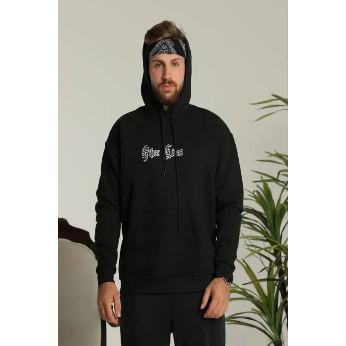 Erkek Kapüşonlu Kanguru Cepli Sweatshirt 3 İplik Pamuklu Baskılı Hoodie - Siyah