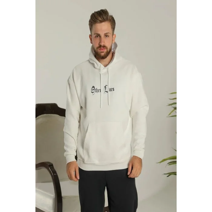 Erkek 3 İplik Pamuklu Kapüşonlu Baskılı Cepli Oversize Sweatshirt Hoodie - Beyaz