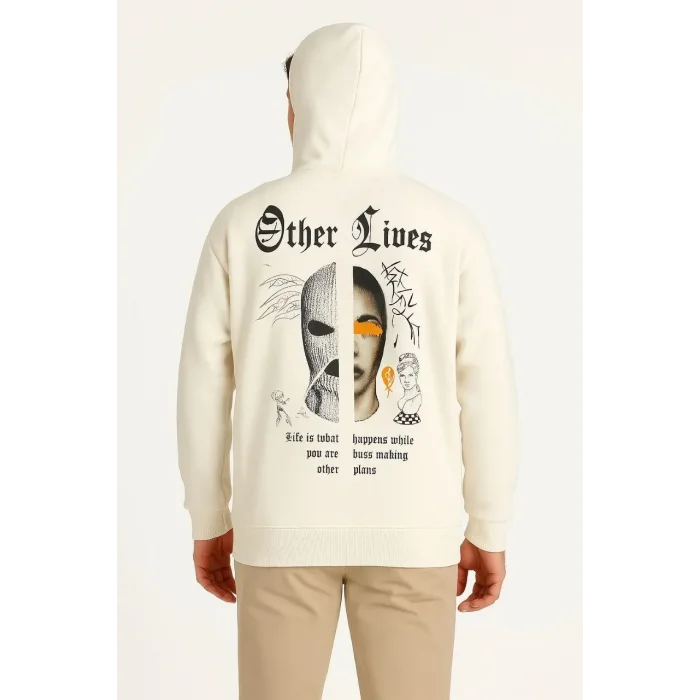 Erkek Kapüşonlu Kanguru Cepli Sweatshirt 3 İplik Pamuklu Baskılı Hoodie - Beyaz