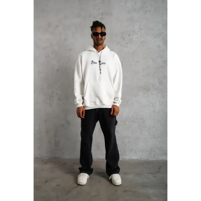 Erkek 3 İplik Pamuklu Kapüşonlu Baskılı Cepli Oversize Sweatshirt Hoodie - Beyaz