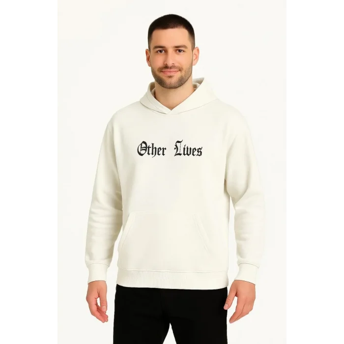 Erkek Kapüşonlu Kanguru Cepli Sweatshirt 3 İplik Pamuklu Baskılı Hoodie - Beyaz