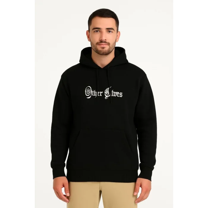 Erkek Kapüşonlu Kanguru Cepli Sweatshirt 3 İplik Pamuklu Baskılı Hoodie - Siyah