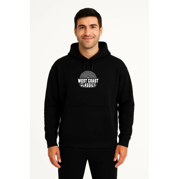 Erkek Kapüşonlu Kanguru Cepli Sweatshirt 3 İplik Pamuklu Baskılı Hoodie -  Siyah