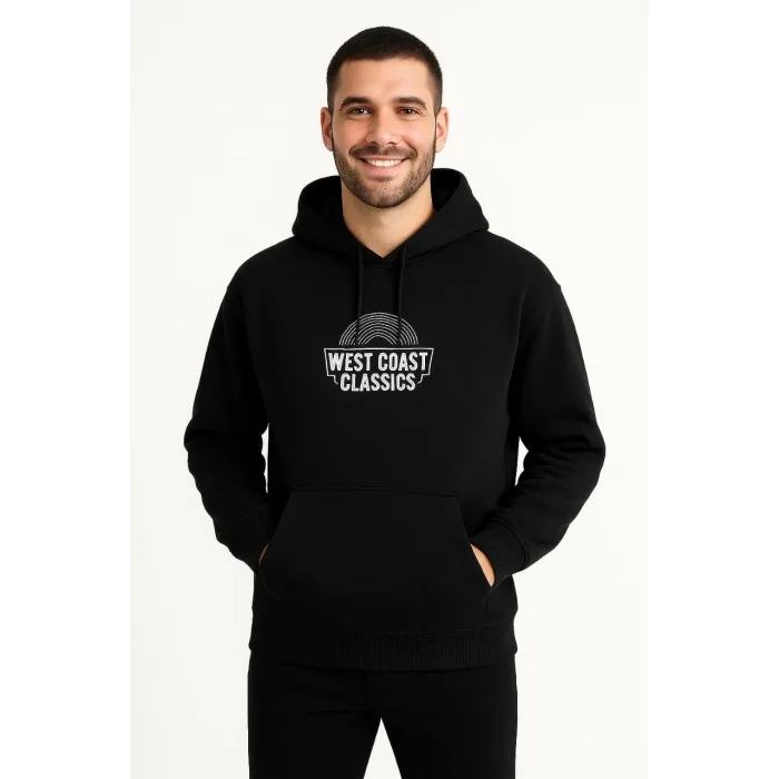 Erkek Kapüşonlu Kanguru Cepli Sweatshirt 3 İplik Pamuklu Baskılı Hoodie -  Siyah