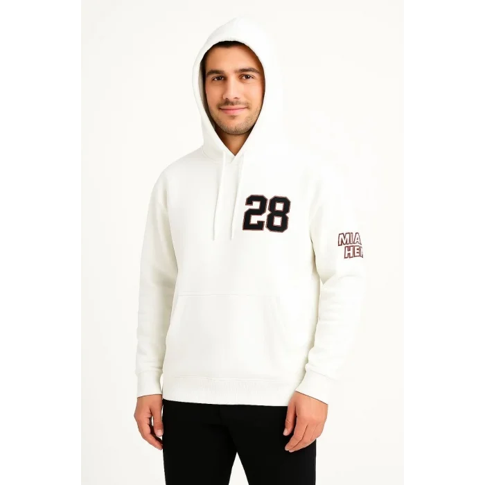 Erkek Kapüşonlu Kanguru Cepli Sweatshirt 3 İplik Pamuklu Baskılı Hoodie - Beyaz