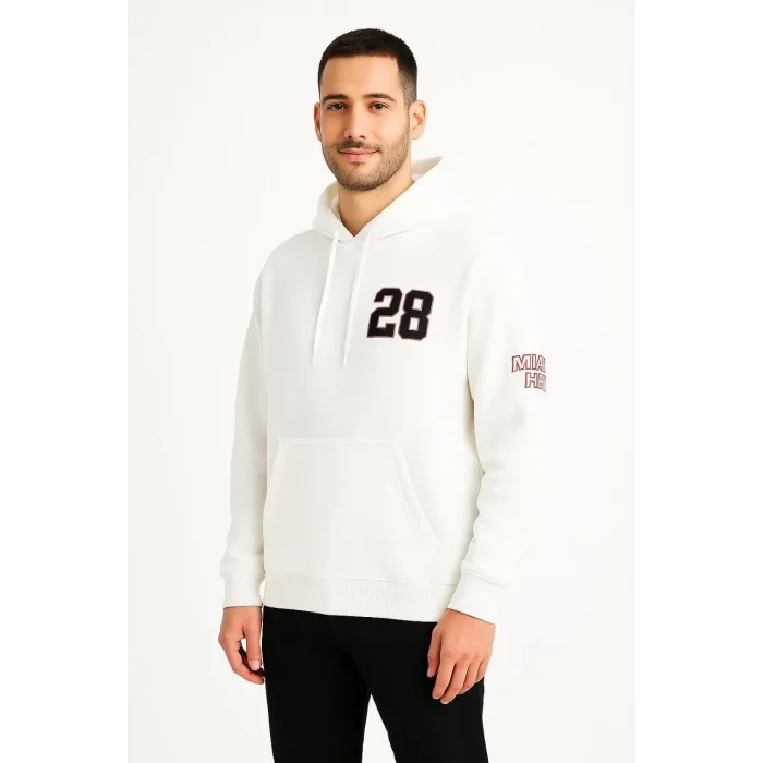 Erkek Kapüşonlu Kanguru Cepli Sweatshirt 3 İplik Pamuklu Baskılı Hoodie - Beyaz