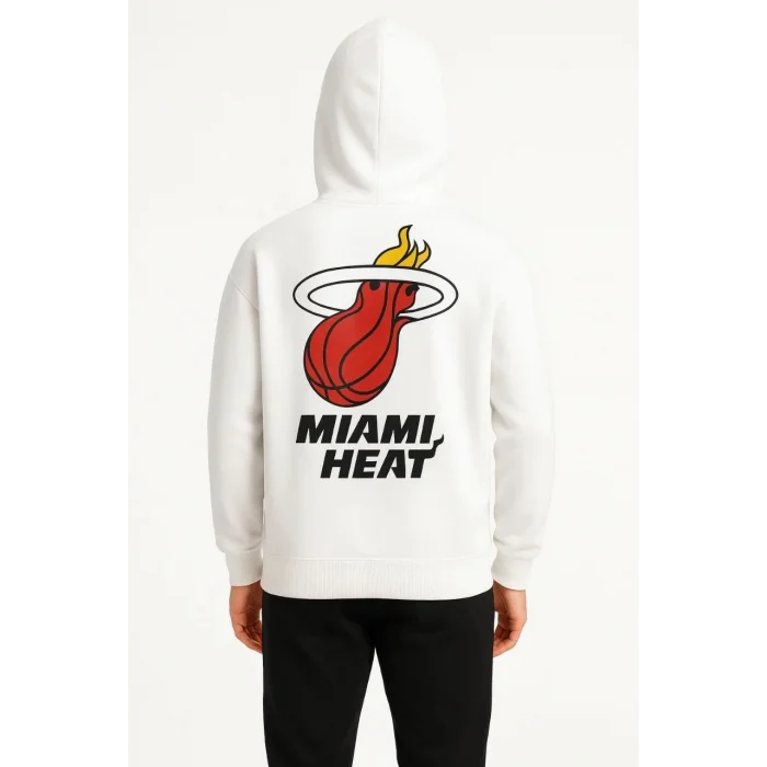 Erkek Kapüşonlu Kanguru Cepli Sweatshirt 3 İplik Pamuklu Baskılı Hoodie - Beyaz