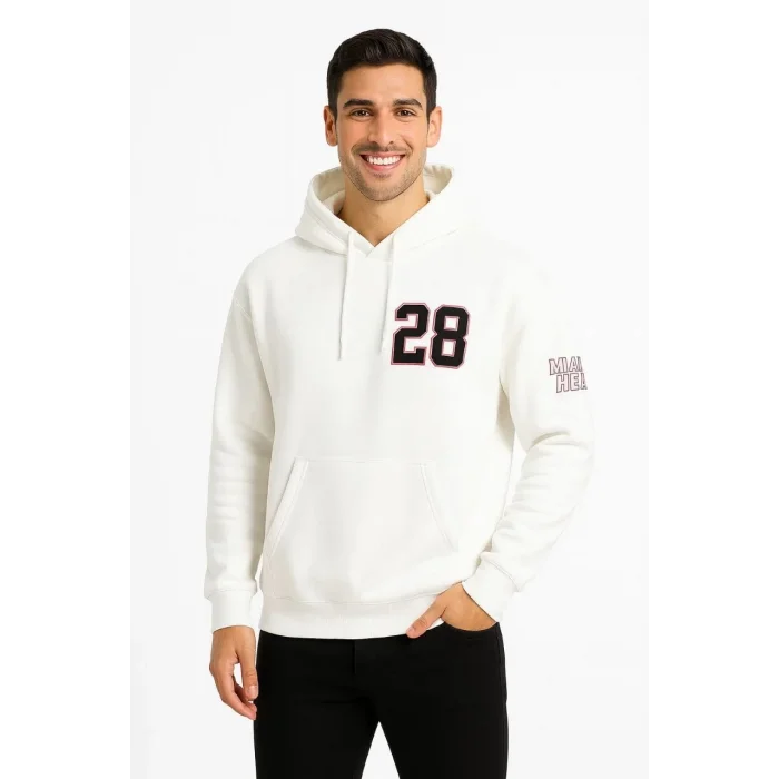 Erkek Kapüşonlu Kanguru Cepli Sweatshirt 3 İplik Pamuklu Baskılı Hoodie - Beyaz