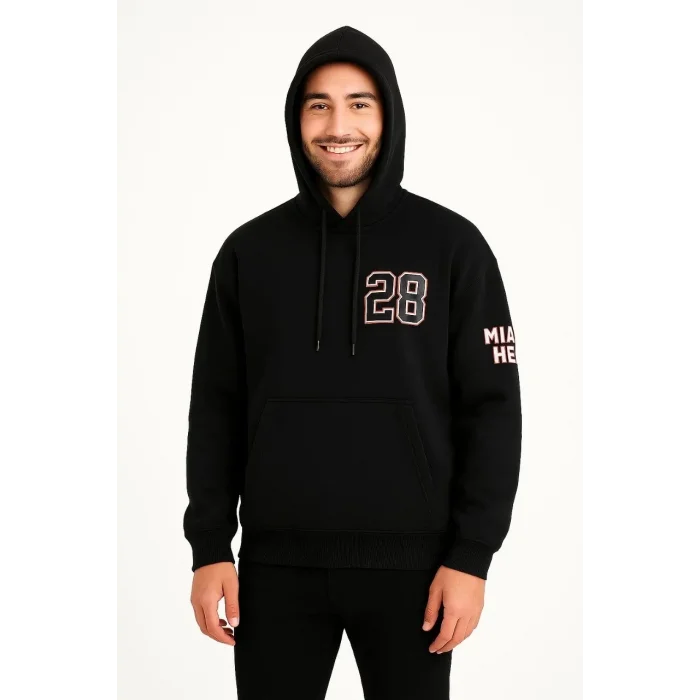 Erkek Kapüşonlu Kanguru Cepli Sweatshirt 3 İplik Pamuklu Baskılı Hoodie - Siyah