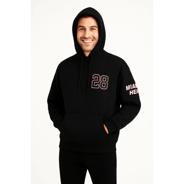 Erkek Kapüşonlu Kanguru Cepli Sweatshirt 3 İplik Pamuklu Baskılı Hoodie - Siyah