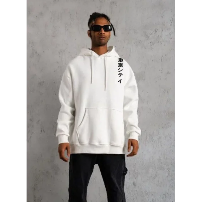 Erkek 3 İplik Pamuklu Kapüşonlu Baskılı Cepli Oversize Sweatshirt Hoodie - Beyaz