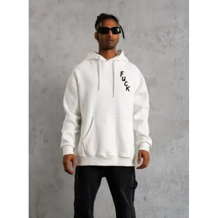 Erkek 3 İplik Pamuklu Kapüşonlu Baskılı Cepli Oversize Sweatshirt Hoodie - Beyaz