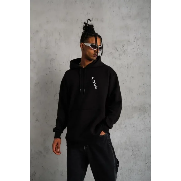Erkek 3 İplik Pamuklu Kapüşonlu Baskılı Cepli Oversize Sweatshirt Hoodie - Siyah